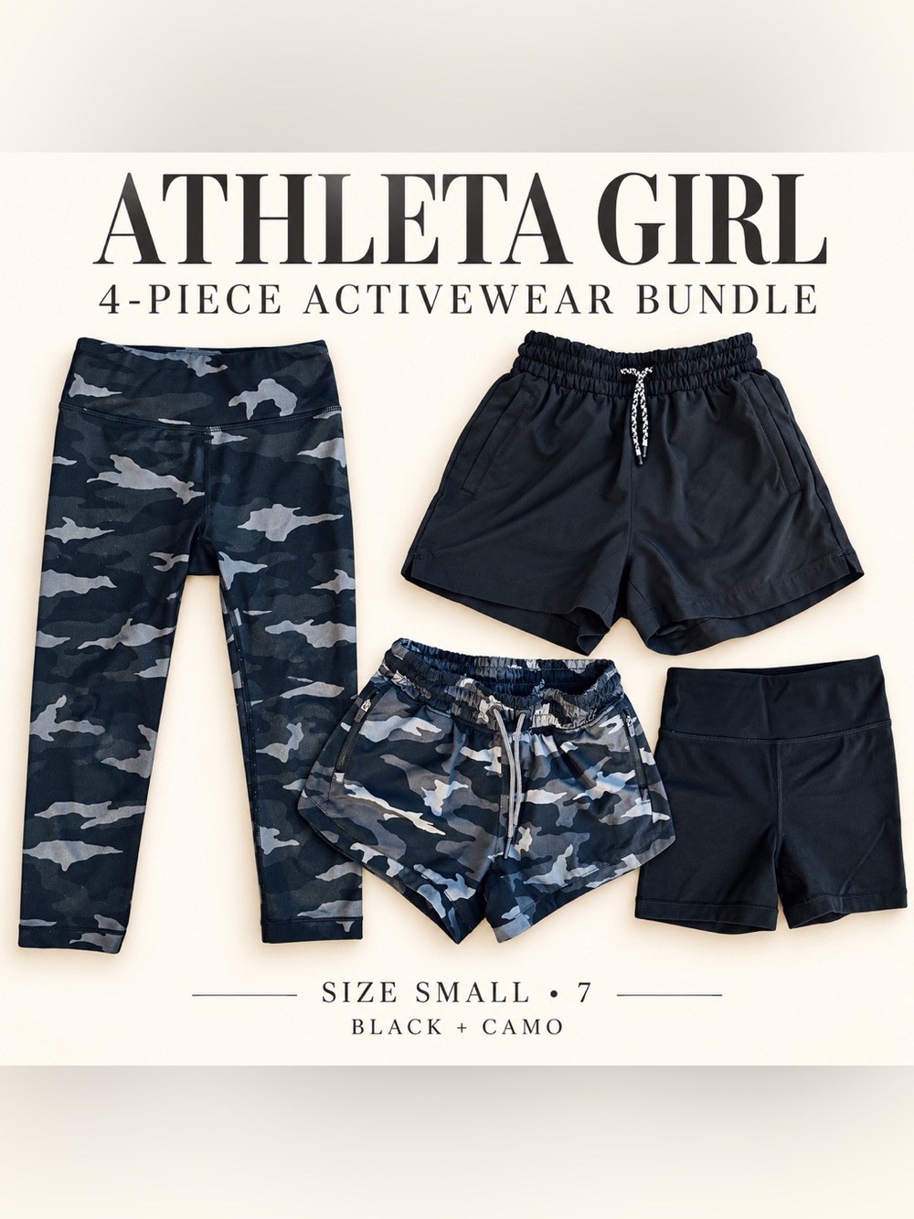 Athleta Girl 4 Piece Bundle S 7 Black Camo Shorts Chit Chat Capri Leggings